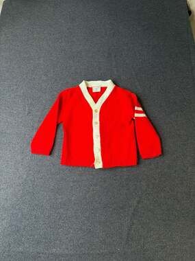 Vintage 60s Penneys Toddletime Red Varsity Stripe Cardigan Sweater Size 3T
